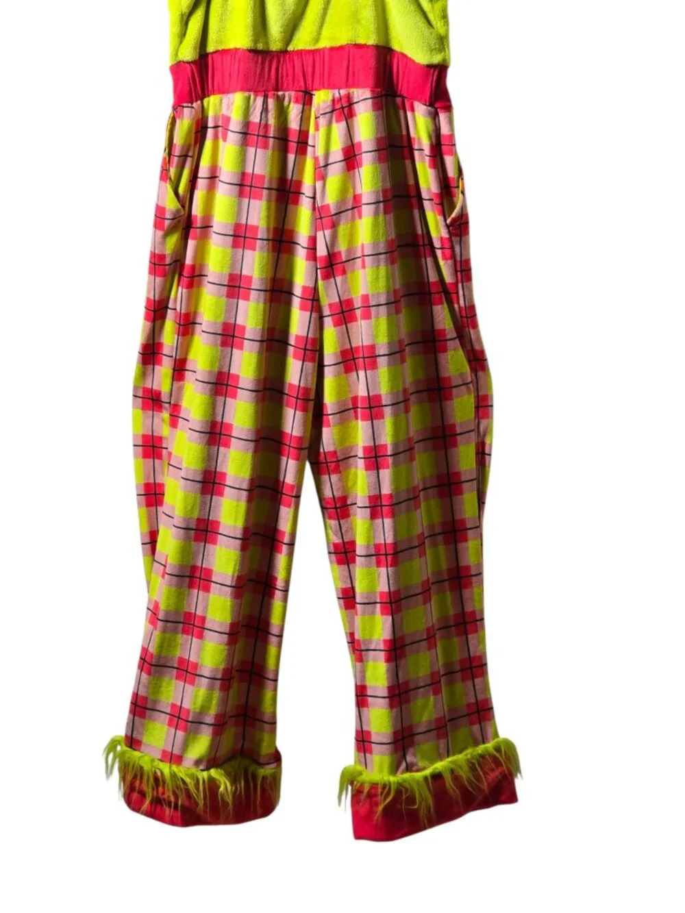 The Grinch Small Christmas Pajama Overalls Plaid Fuzzy Trim Dr Seuss Jumpsuit